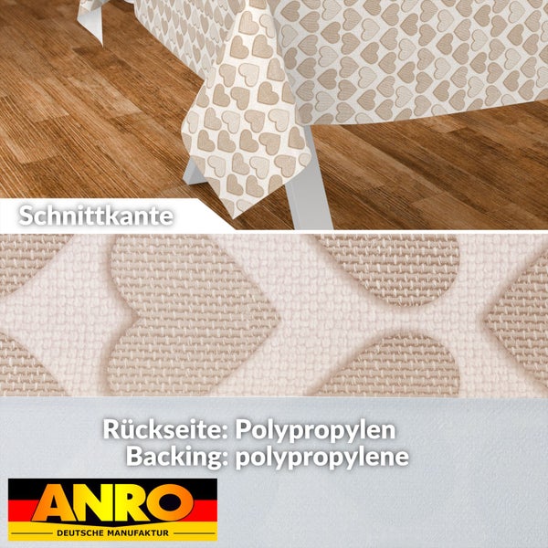 Wachstischdecke mit Herzmuster, Schnittkante und Polypropylen-Rückseite, ANRO Deutsche Manufaktur Logo.
