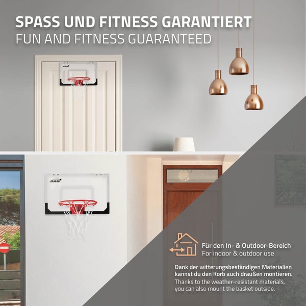 Hauki Mini Basketballkorb fürs Zimmer im Set 3 Bälle Ø16cm, Netz, Pumpe, 45,5x30,5 cm, Weiß, tragbar, Backboard Tür/Wandmontage, ohne Bohren, Indoor Basketball Hoop hängend, Hängebrett Basketballbrett
