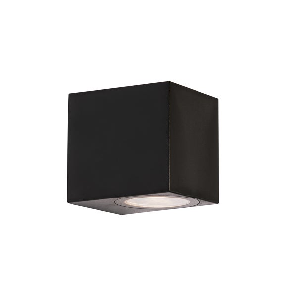 Schwarze, würfelförmige Wandleuchte mit nach unten gerichtetem Lichtstrahl.