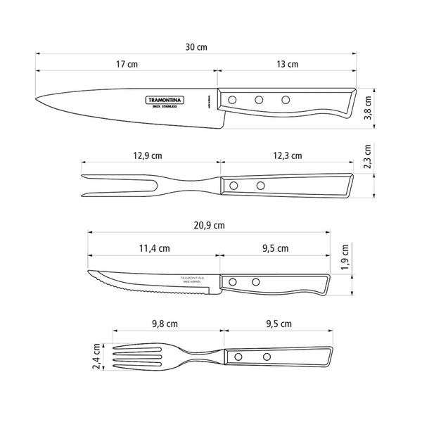 Technische Zeichnung eines Messersets mit Gabel aus Edelstahl von Tramontina mit Maßangaben