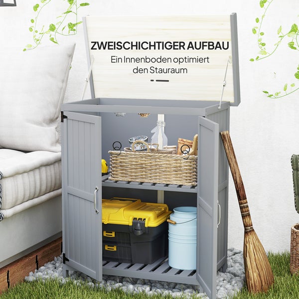 Outsunny Gartenschrank Holz, Geräteschuppen wetterfest 74x43x88cm, Gerätehaus mit Klappdach Ablagen, Arbeitsfläche, Geräteschrank, Gartenhaus Werkzeugschrank Gartenschuppen für Garten, Grau