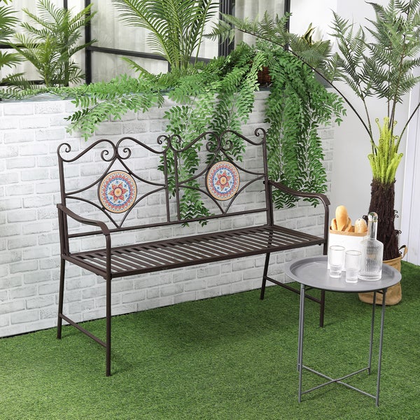 Outsunny Gartenbank, 2-Sitzer Parkbank mit Rückenlehne, 121 x 52 x 93 cm, Eisen, Stein, Braun
