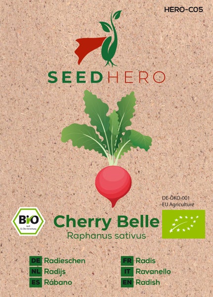 Samentüte für Radieschen Cherry Belle von SeedHero, Raphanus sativus, biologisch zertifiziert, SeedHero Logo.