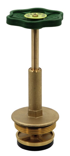 Totraumfreies Oberteil für frostsichere Außenarmatur aus Messing mit grünem Handrad und langer Spindel.