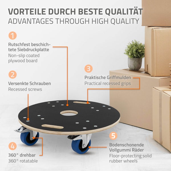 ECD Germany Transportroller rund Ø57x14,5 cm mit Siebdruckplatte und 2 gebremsten Rollen, 800kg Tragkraft, Rollbrett Möbelroller, Transporthilfe für Umzug Möbel-Transport, Rollwagen Roller Transporter