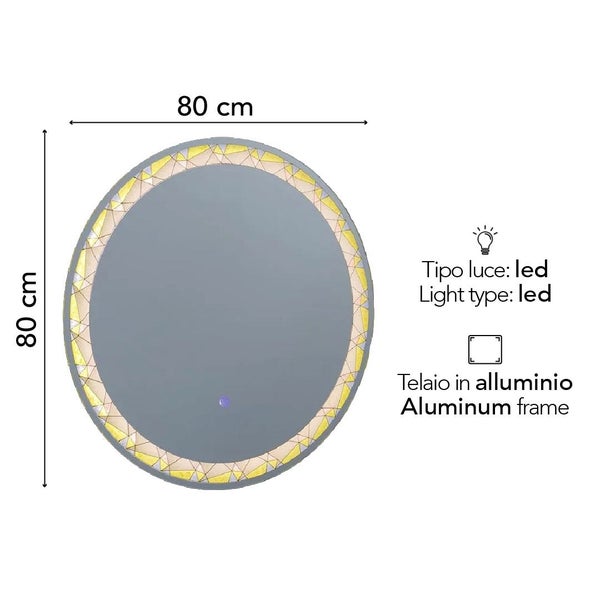 Runder Badezimmerspiegel mit LED Beleuchtung im Mosaik Design, Aluminiumrahmen, Durchmesser 80 Zentimeter.