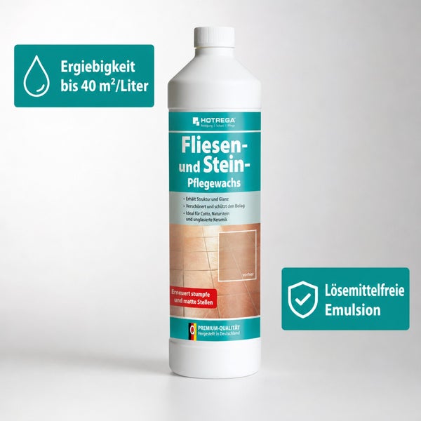 Hotrega Fliesen und Stein Pflegewachs zur Pflege und zum Schutz von Cotto Naturstein und unglasierter Keramik in einer Flasche mit einem Liter.