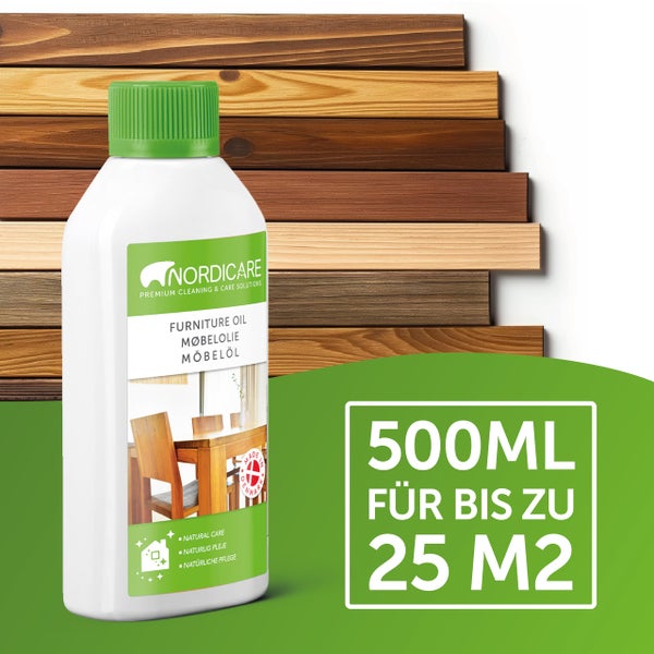 Nordicare Möbelöl [500ml] Holzöl zur Pflege farblos für Eiche, Buche, Nussbaum, Lärche. Holzlasur auf Basis von Leinöl. Leinölfirnis