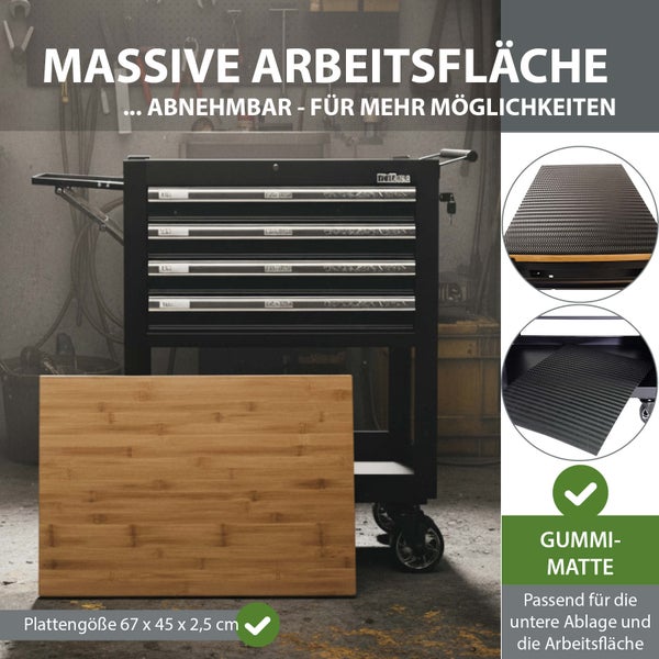 Werkstattwagen mit Schubladen, Bambusplatte 67 x 45 x 2,5 cm und Gummimatte