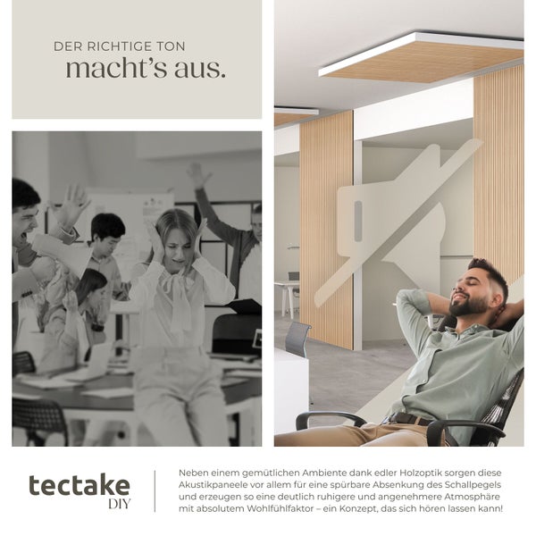 Vergleich zwischen einem lauten Büro und einer ruhigen Arbeitsumgebung mit Akustikpaneelen in Holzoptik an Wand und Decke. tectake DIY Logo.