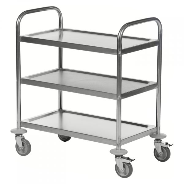 Servierwagen aus Edelstahl mit drei Ablageflächen und Rädern