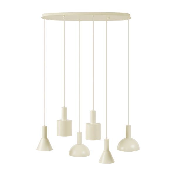 Pendelleuchte mit sechs Lampenschirmen in verschiedenen Formen