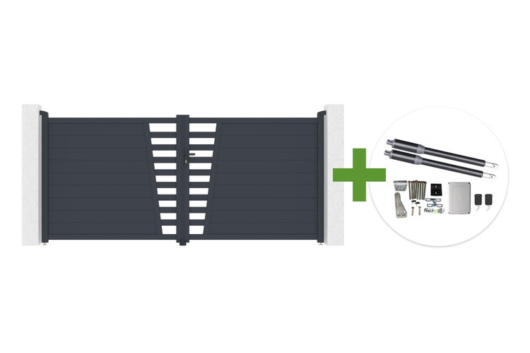 Zweiflügeliges Einfahrtstor aus Aluminium inklusive elektrischem Torantrieb, Fernbedienungen und Montagematerial.
