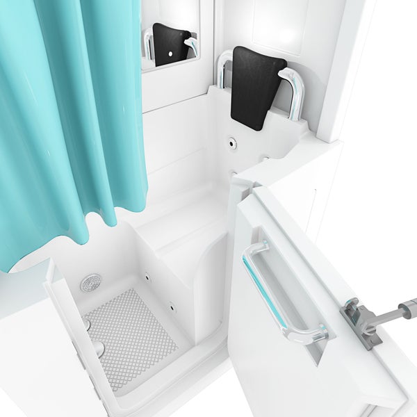 Seniorenbadewanne mit Tür, integriertem Sitz, Kopfstütze und Haltegriffen.