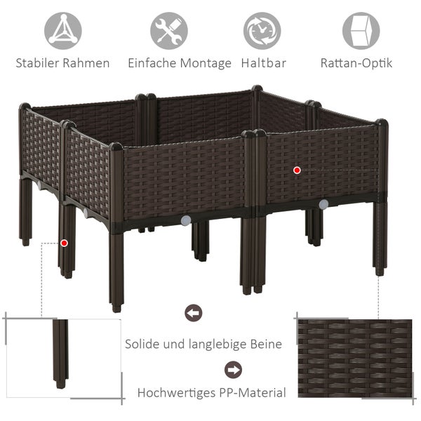 Outsunny Hochbeet 4-teiliger Pflanzkasten mit Abflusslöchern Rattan-Look Blumenkasten DIY Braun 40 x 40 x 44 cm