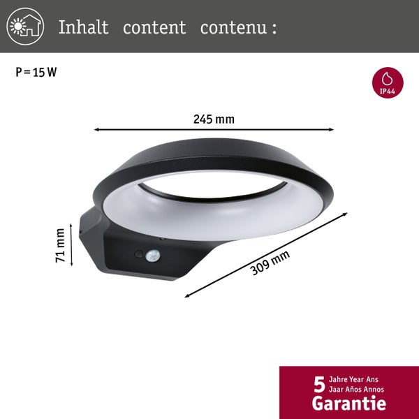Moderne LED-Außenwandleuchte mit Bewegungssensor an einer Wand. Austauschbares LED-Modul für Nachhaltigkeit und Energieersparnis.
