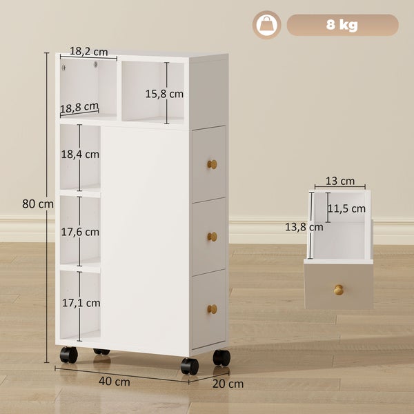 Weißer Rollwagen mit Fächern und Schubladen, Maße 80 mal 40 mal 20 Zentimeter, Belastbarkeit 8 Kilogramm.