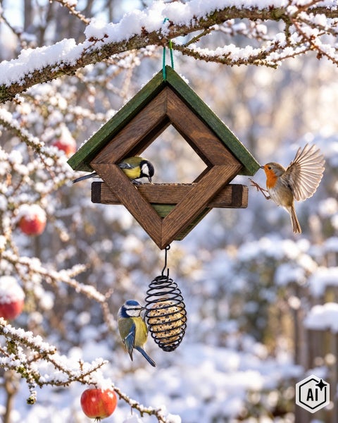 Holz Vogelhaus mit Meisenknödelhalter im Baum bei Winterwetter mit Vögeln
