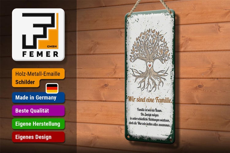 Blechschild Spruch Wir sind Familie alles zusammen 10x27cm