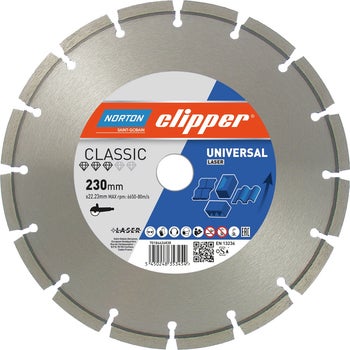 Norton Clipper Diamanttrennscheibe Classic Universal Laser mit 230 Millimeter Durchmesser für Winkelschleifer.