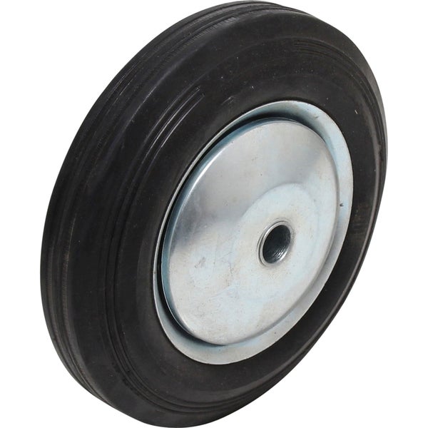 Transportrad aus Vollgummi mit Stahlfelge und zentralem Achsloch.