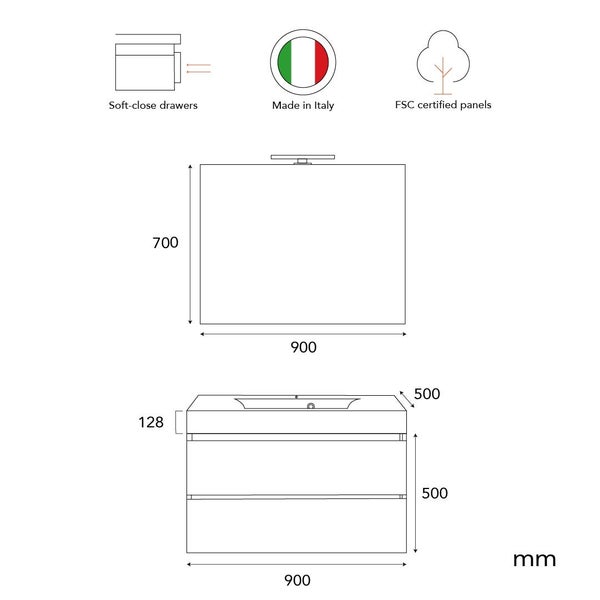 Maßzeichnung eines Badezimmermöbelsets mit zwei Schubladen mit Soft Close Funktion, hergestellt in Italien aus FSC zertifizierten Holzwerkstoffen.