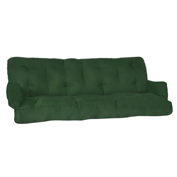 Dunkelgrüne Auflage für Gartenbank oder Palettensofa mit gesteppter Rückenlehne und Armlehnen.