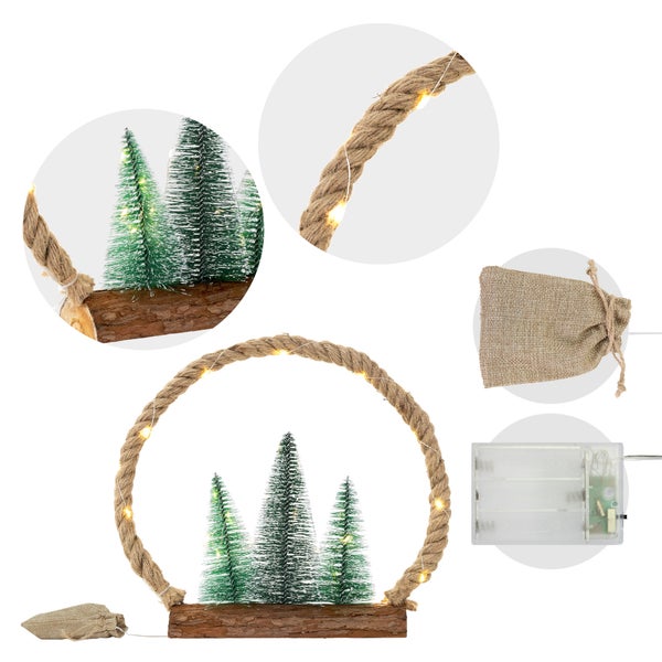 ECD Germany LED Jute Kreis mit LED-Beleuchtung 34x30x7,5 cm, Deko Weihnachtskreis aus Seil mit 30 warmweißen LEDs, 3 Tannen, Jutesäckchen, Batterien, Timer, Weihnachtsbeleuchtung Weihnachtsdeko Innen