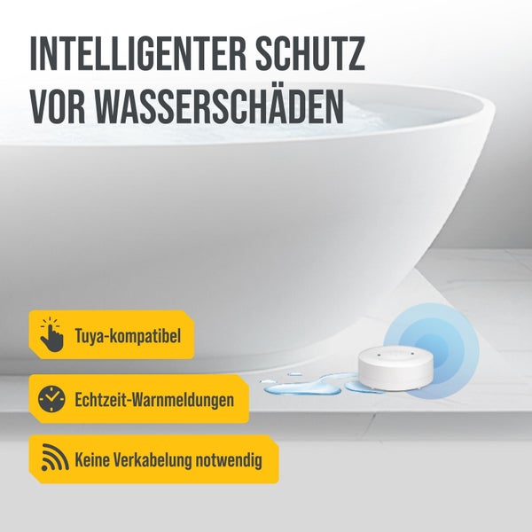 Smarter Wassersensor neben einer Badewanne zur Erkennung von Wasserschäden, Tuya-kompatibel, Echtzeit-Warnmeldungen, kabellos.
