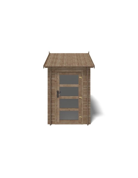 Gartenhaus aus Holz mit Einzeltür und vier Glaseinsätzen sowie Satteldach.