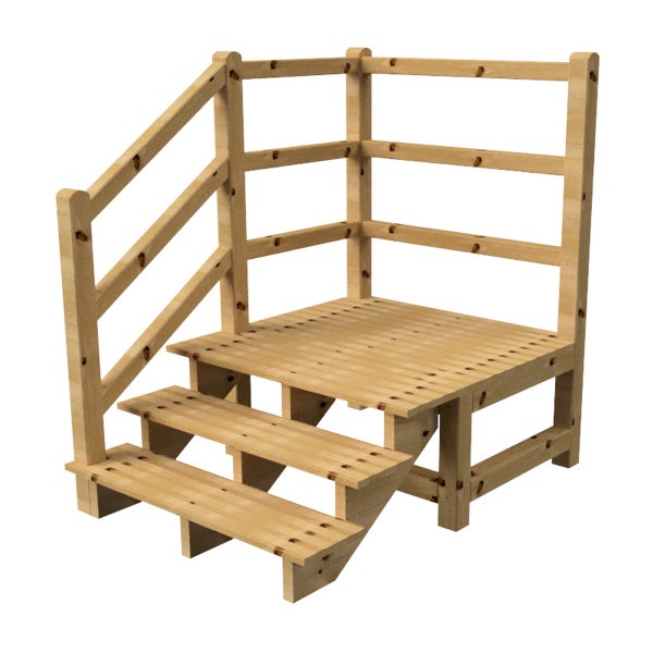 Holzterrasse mit Geländer und Treppe