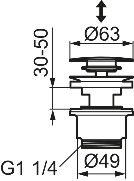 Maßzeichnung Ablaufgarnitur, Durchmesser oben 63 Millimeter, unten 49 Millimeter, Höhe 30 bis 50 Millimeter, Anschluss G 1 1/4 Zoll.