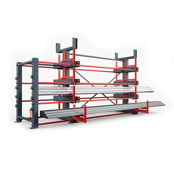 Kragarmregal aus Metall für die Lagerung von Langgut wie Rohren und Profilen.