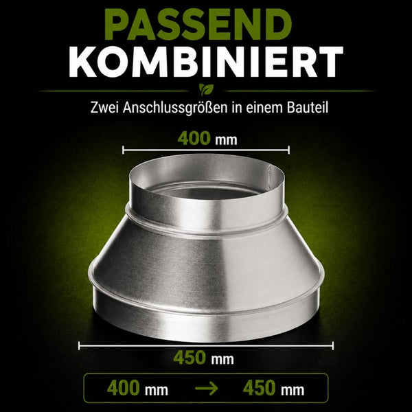 Reduzierstück aus Metall für Lüftungsrohre, Übergang von 400 Millimeter auf 450 Millimeter Durchmesser.