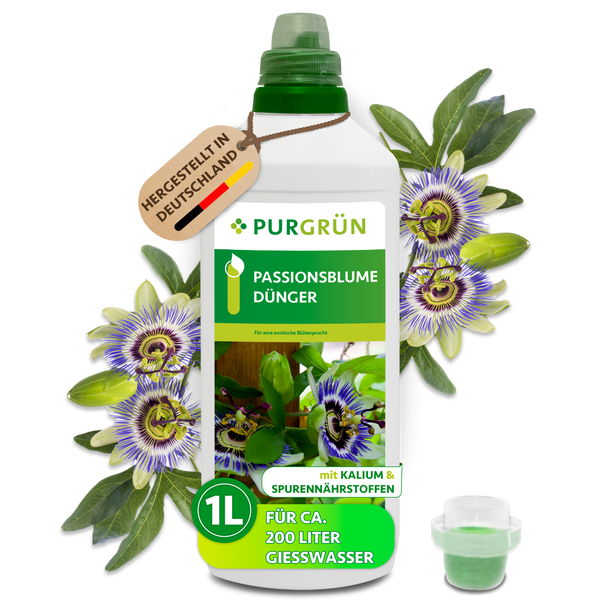 Purgrün Passionsblume Dünger Flüssigdünger 1 Liter Flasche mit Kalium und Spurennährstoffen für exotische Blütenpracht