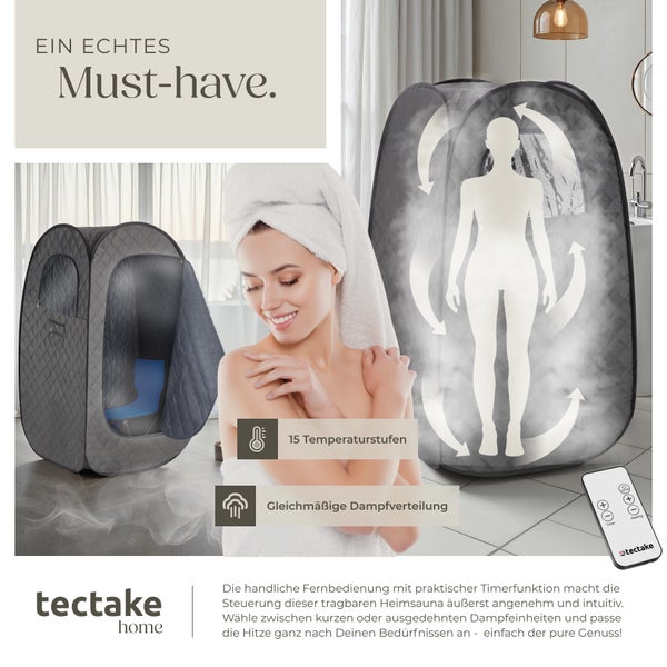 Tragbare Heimsauna von tectake mit Fernbedienung neben einer Frau mit Handtuch auf dem Kopf.