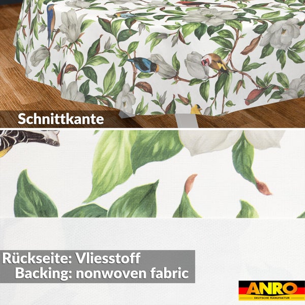 Wachstuch-Tischdecke mit Vogel- und Blütenmuster, Schnittkante, Rückseite aus Vliesstoff und ANRO Logo.