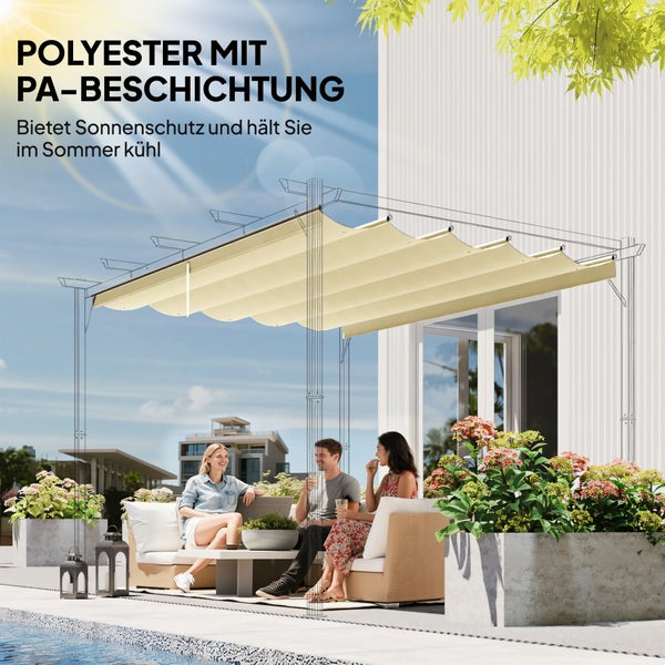 Pergola mit Sonnendach aus Polyester mit Polyamid-Beschichtung über einer Sitzecke im Freien bietet Sonnenschutz und Kühlung.