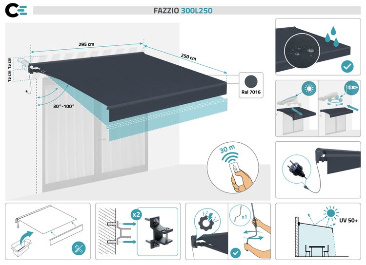Gazebo Gelenkarmmarkise mit einem Neigungswinkel zwischen 30 und 100 Grad