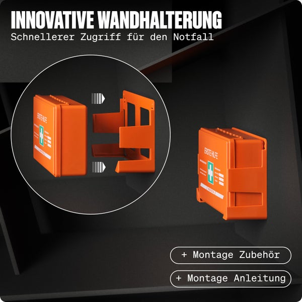 Erste Hilfe Kasten DIN 13157:2021 Small - Inkl. praktischer Wandhalterung, 3x Aufkleber, Gesichtsmasken & Feuchttücher - Verbandskasten DIN 13157 für Betriebe, Einrichtungen & Zuhause Orange