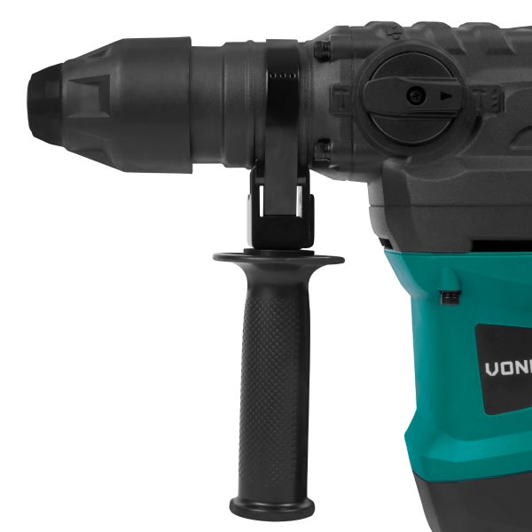 Detailansicht eines Kombihammers mit SDS-Bohrfutter, Zusatzhandgriff und Funktionswahlschalter.