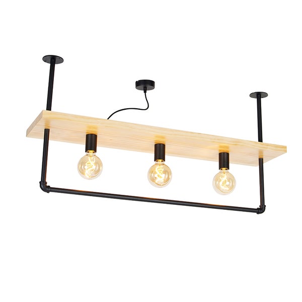 Hängelampe mit Holzbalken und drei Glühbirnen