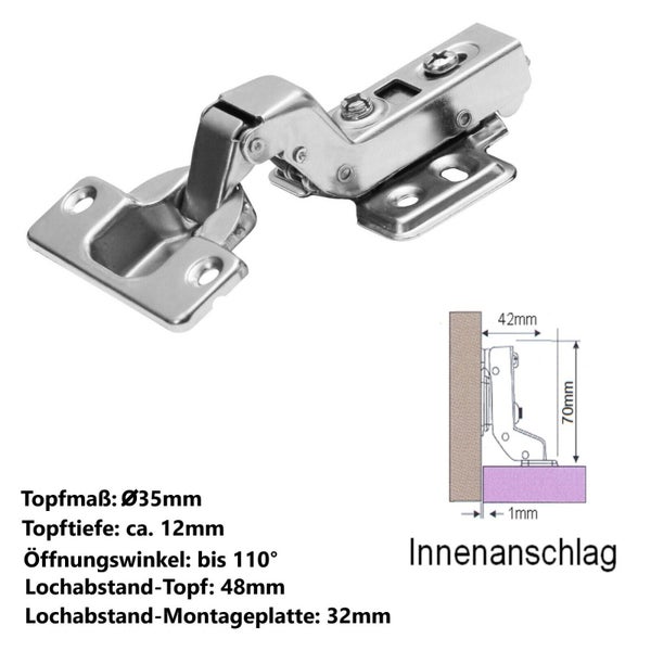 Topfscharnier für Innenanschlag mit 35 Millimeter Topfdurchmesser und 110 Grad Öffnungswinkel inklusive technischer Zeichnung und Maßen.