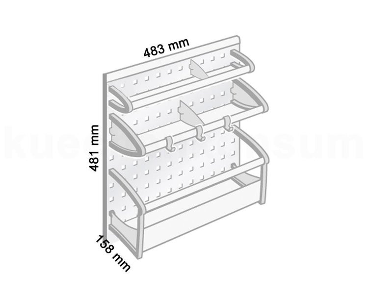 Technische Zeichnung eines Wand-Organizers mit den Maßen 481 Millimeter Höhe, 483 Millimeter Breite und 158 Millimeter Tiefe.