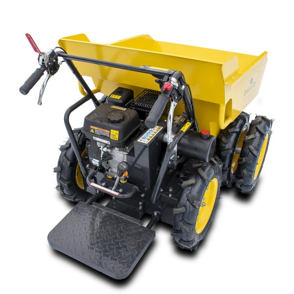 Motorisierte Schubkarre mit gelbem Behälter und schwarzem Fahrgestell