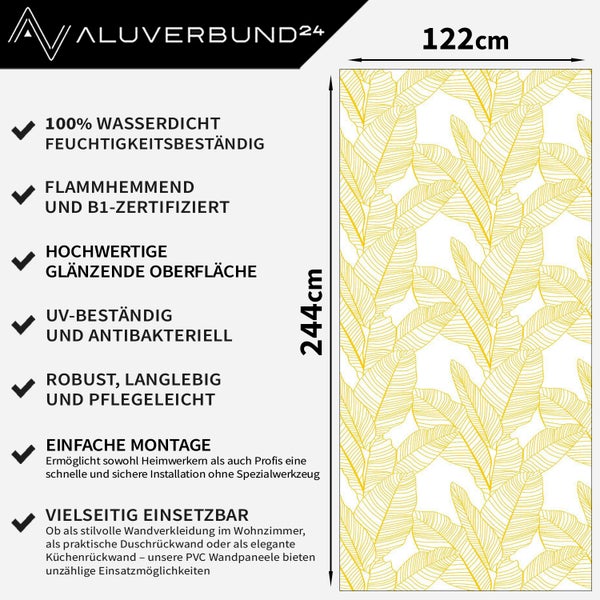PVC Wandpaneel mit Blättermuster Maße 122 mal 244 Zentimeter wasserdicht flammhemmend UV beständig und antibakteriell für Küche und Wohnraum