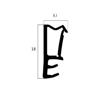 Technisches Diagramm eines Dichtungsprofils im Querschnitt, Höhe 18 Millimeter, Breite 8,1 Millimeter.
