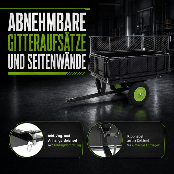 Gartenanhänger mit abnehmbaren Gitteraufsätzen und Seitenwänden, inkl. Deichsel mit Anhängevorrichtung und Kipphebel zum Entriegeln.