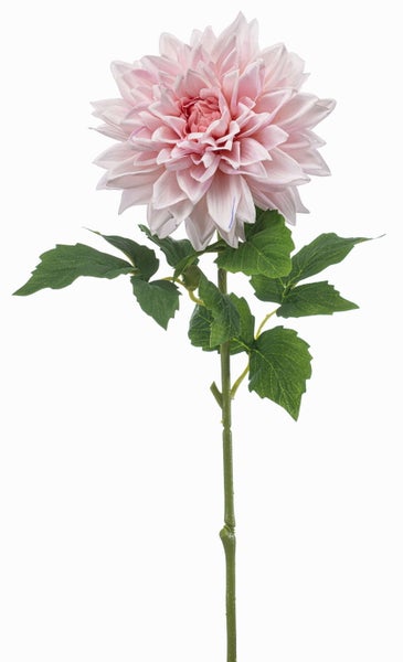 Künstliche Dahlie mit großer rosa Blüte und grünen Blättern am Stiel.