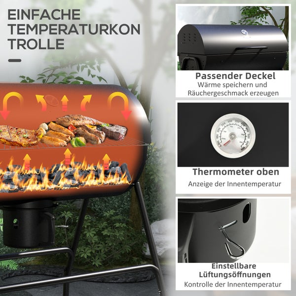 Outsunny Holzkohlegrill aus Metall BBQ Smoker mit Deckel Thermometer Räder verstellbarer Kohlewanne Griff, fahrbar Grillwagen Holzkohle Grill, Kohlegrill für Barbeque Camping, Terrasse, 95x71,5x102 cm
